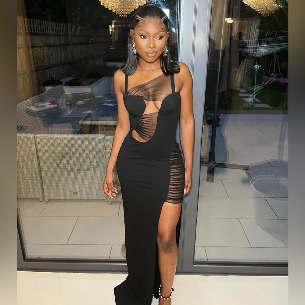 Generva Cut out Elegant Black Mesh Evening Dress